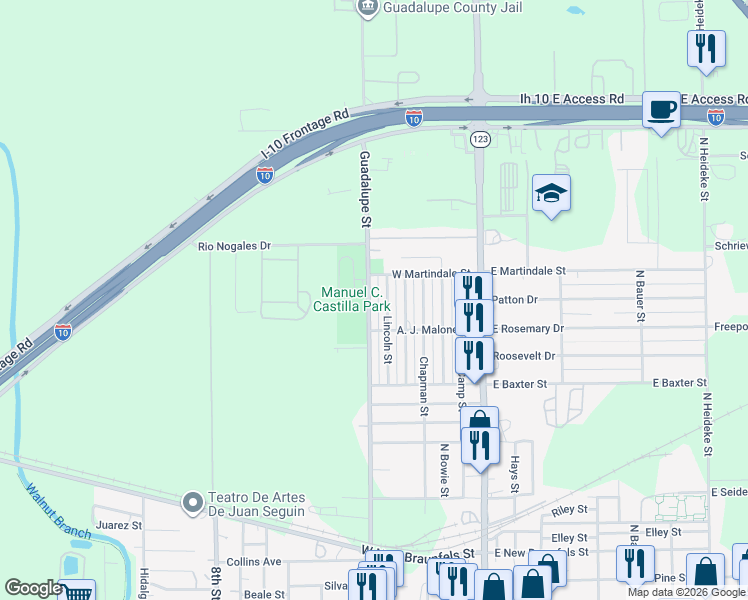 map of restaurants, bars, coffee shops, grocery stores, and more near 2223 North Guadalupe Street in Seguin