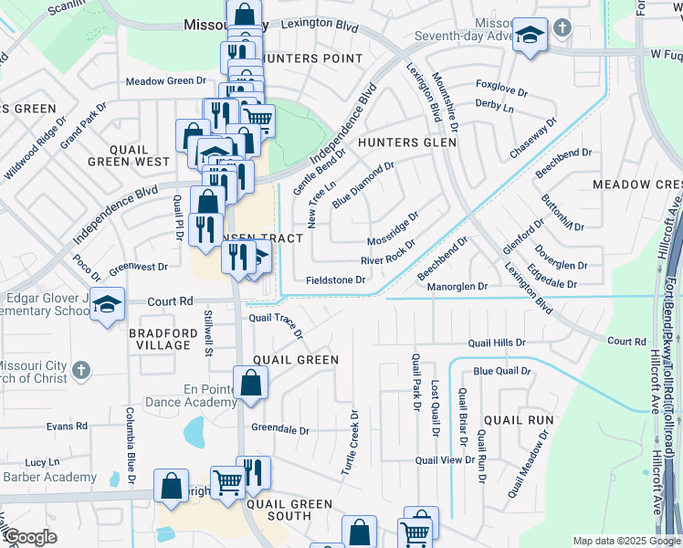 map of restaurants, bars, coffee shops, grocery stores, and more near 1327 Fieldstone Drive in Missouri City
