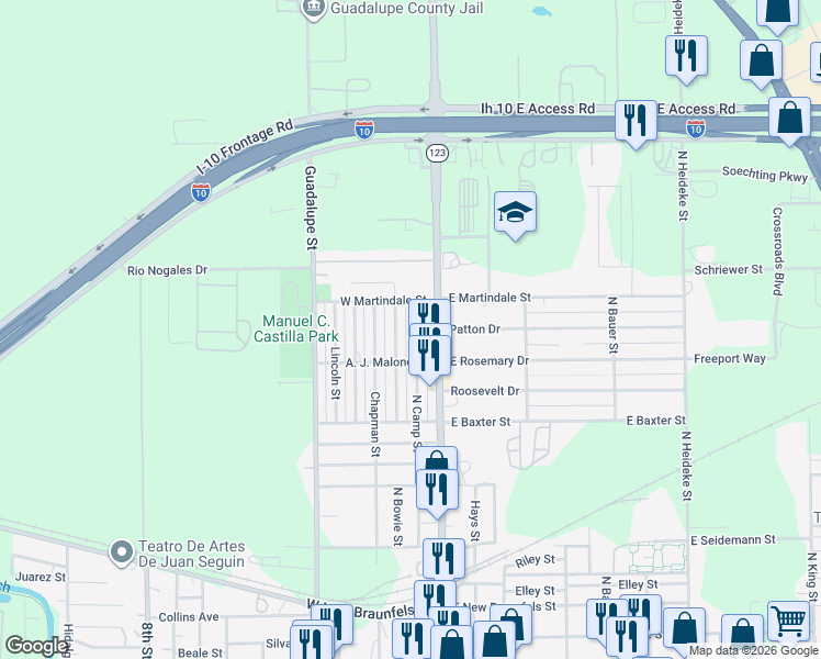 map of restaurants, bars, coffee shops, grocery stores, and more near 2223 Louise Street in Seguin