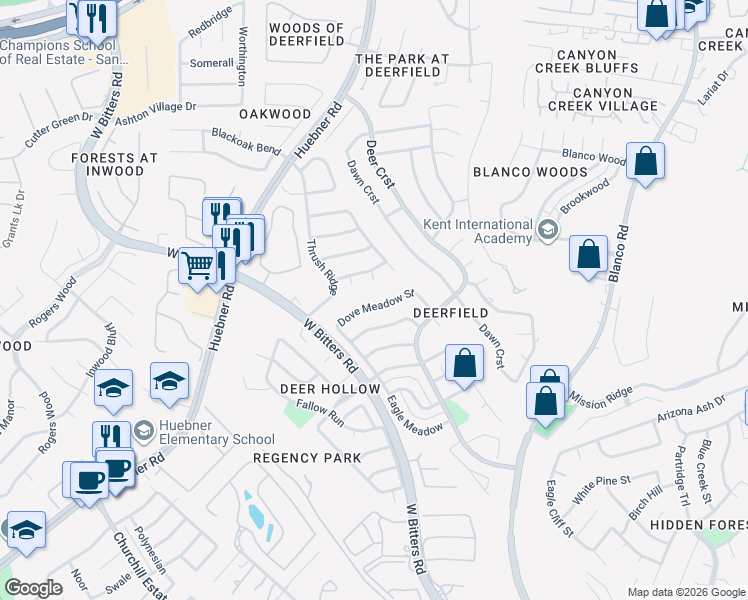 map of restaurants, bars, coffee shops, grocery stores, and more near 15635 Dove Meadow Street in San Antonio