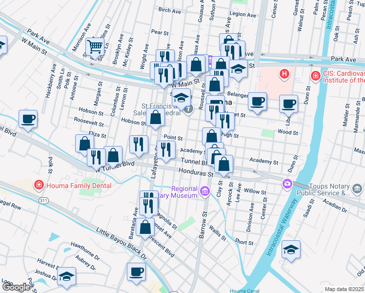map of restaurants, bars, coffee shops, grocery stores, and more near 311 Academy Street in Houma