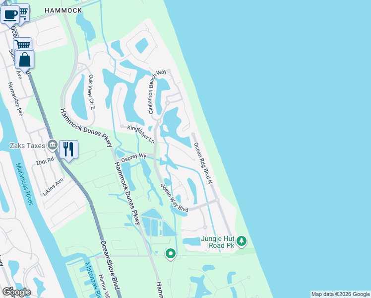 map of restaurants, bars, coffee shops, grocery stores, and more near 24 Sandpiper Lane in Palm Coast