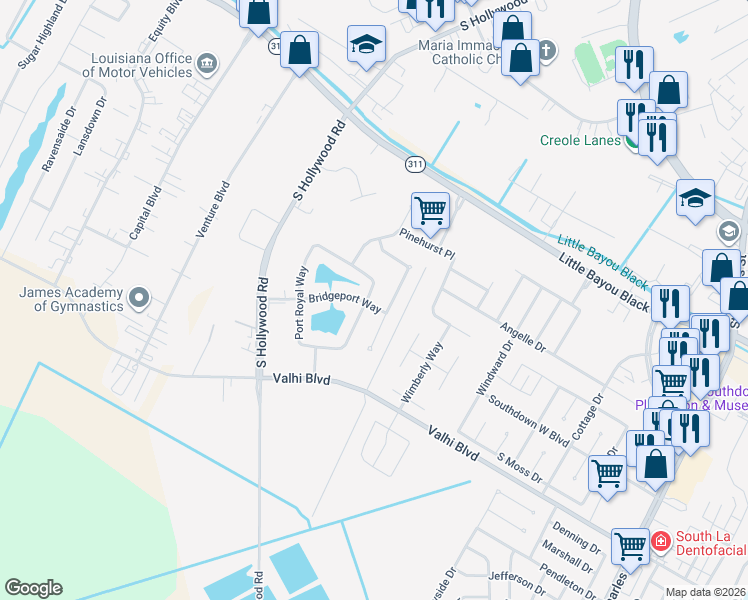map of restaurants, bars, coffee shops, grocery stores, and more near 263 Port Royal Way in Houma