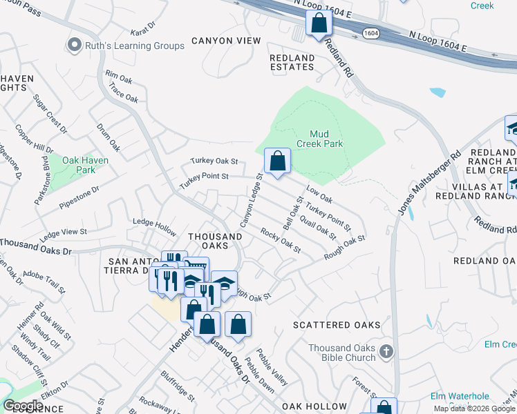 map of restaurants, bars, coffee shops, grocery stores, and more near 2819 Burnt Oak Street in San Antonio
