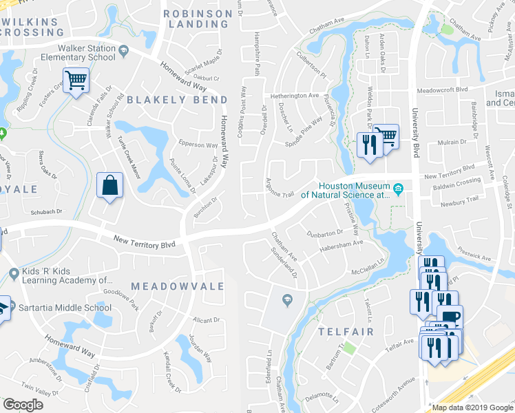 map of restaurants, bars, coffee shops, grocery stores, and more near 1214 Bellingrath Court in Sugar Land