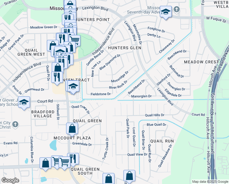 map of restaurants, bars, coffee shops, grocery stores, and more near 2419 Stonewood Lane in Missouri City