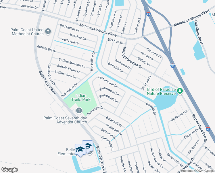 map of restaurants, bars, coffee shops, grocery stores, and more near 14b Buttonwood Lane in Palm Coast