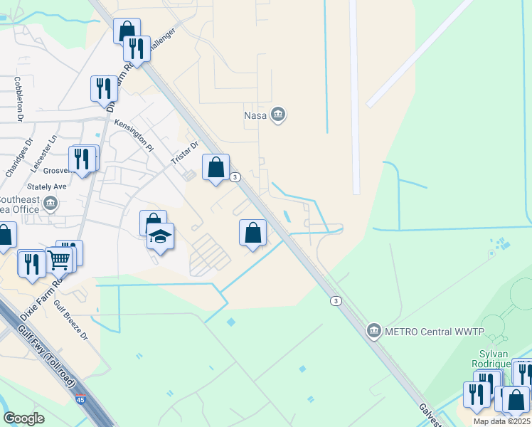 map of restaurants, bars, coffee shops, grocery stores, and more near 12610 Galveston Road in Webster