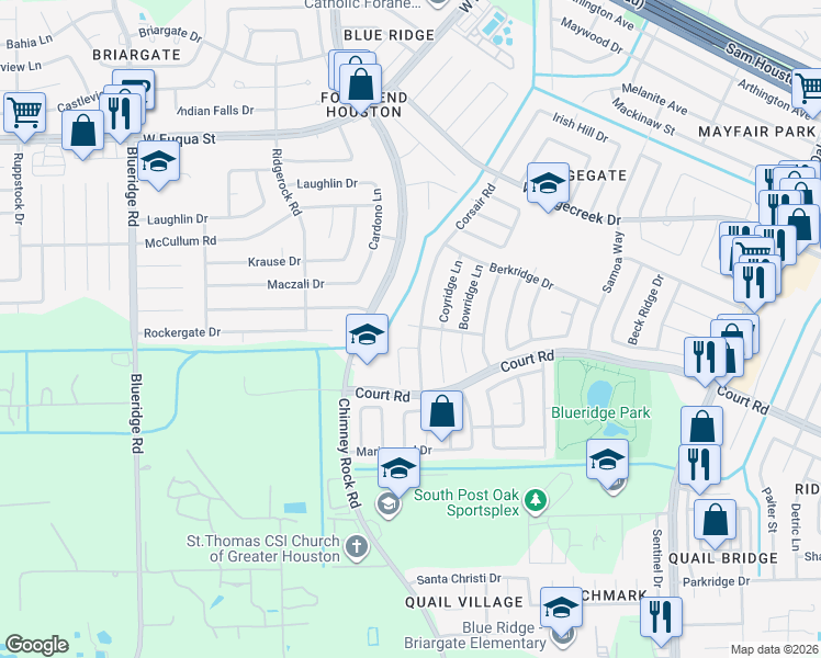 map of restaurants, bars, coffee shops, grocery stores, and more near 16207 Corsair Road in Houston