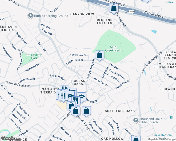 map of restaurants, bars, coffee shops, grocery stores, and more near 2802 Burnt Oak Street in San Antonio