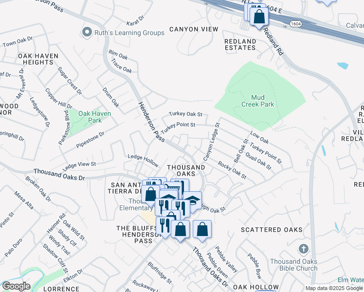 map of restaurants, bars, coffee shops, grocery stores, and more near 16322 Deer Pass Street in San Antonio
