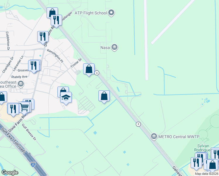 map of restaurants, bars, coffee shops, grocery stores, and more near 12552 Galveston Road in Webster