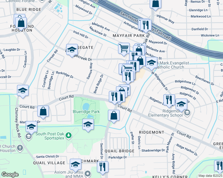 map of restaurants, bars, coffee shops, grocery stores, and more near 5554 Ambern Drive in Houston