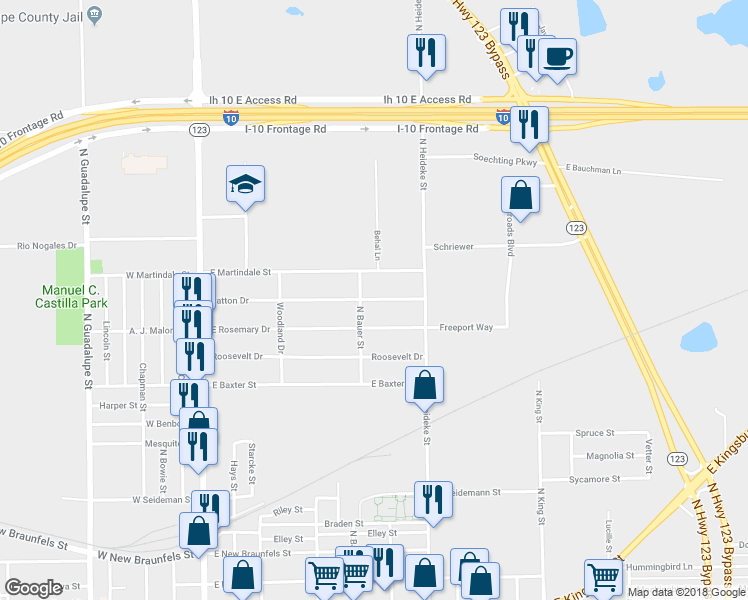 map of restaurants, bars, coffee shops, grocery stores, and more near 711 Patton Drive in Seguin
