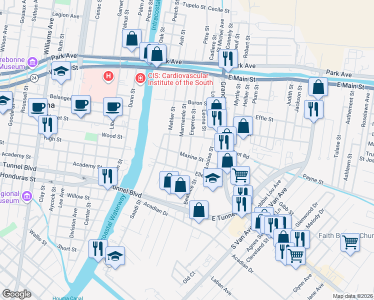 map of restaurants, bars, coffee shops, grocery stores, and more near 1205-1399 Maxine St in Houma