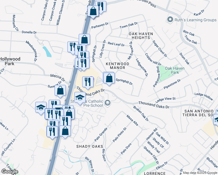 map of restaurants, bars, coffee shops, grocery stores, and more near 1583 Thousand Oaks Drive in San Antonio