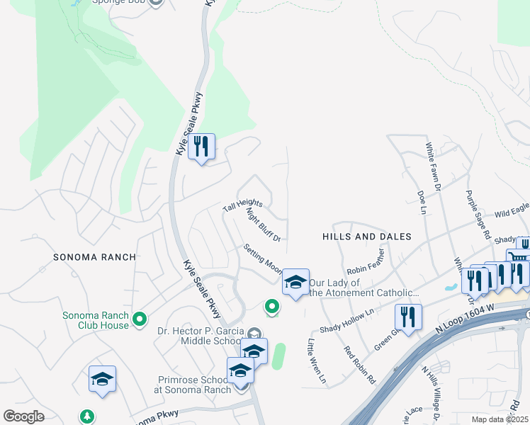 map of restaurants, bars, coffee shops, grocery stores, and more near 15922 Tall Heights in San Antonio