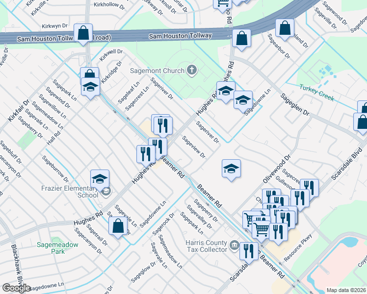 map of restaurants, bars, coffee shops, grocery stores, and more near 11231 Sagehill Drive in Houston