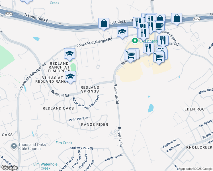 map of restaurants, bars, coffee shops, grocery stores, and more near 16414 Hillview Pass Drive in San Antonio