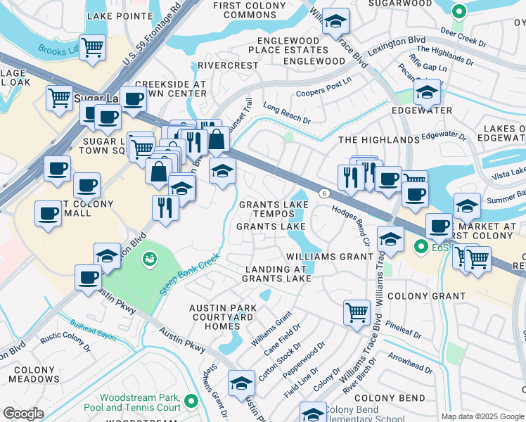 map of restaurants, bars, coffee shops, grocery stores, and more near 2710 Grants Lake Boulevard in Sugar Land