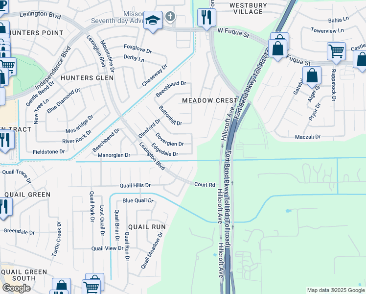 map of restaurants, bars, coffee shops, grocery stores, and more near 2526 Doverglen Drive in Missouri City