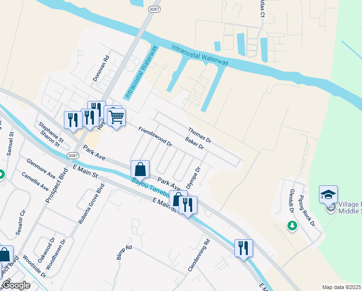 map of restaurants, bars, coffee shops, grocery stores, and more near 7 Kingsridge Loop in Houma