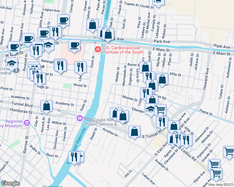 map of restaurants, bars, coffee shops, grocery stores, and more near 530-598 Marmande Street in Houma