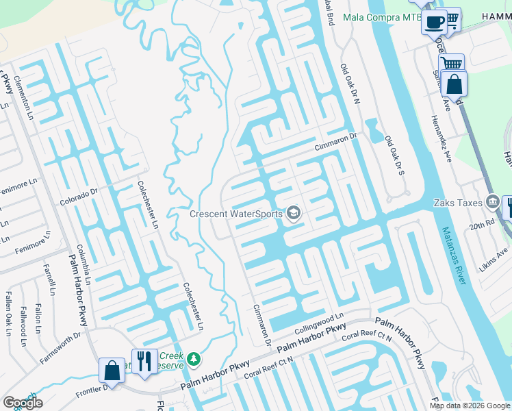 map of restaurants, bars, coffee shops, grocery stores, and more near 20 Cedarfield Court in Palm Coast