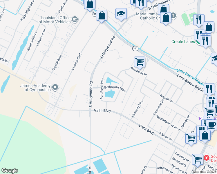 map of restaurants, bars, coffee shops, grocery stores, and more near Bridgeport Way in Houma