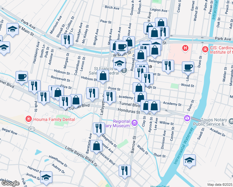 map of restaurants, bars, coffee shops, grocery stores, and more near 404 Academy Street in Houma
