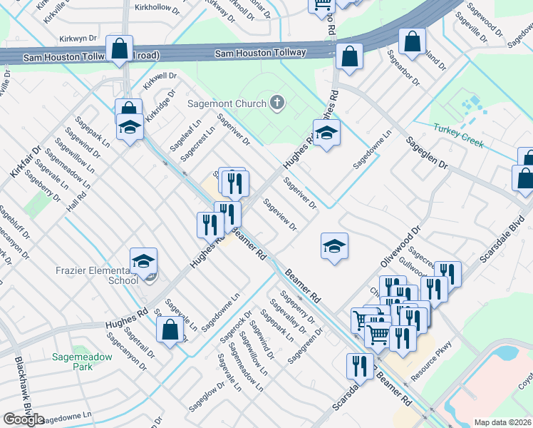 map of restaurants, bars, coffee shops, grocery stores, and more near 11231 Sagehill Drive in Houston