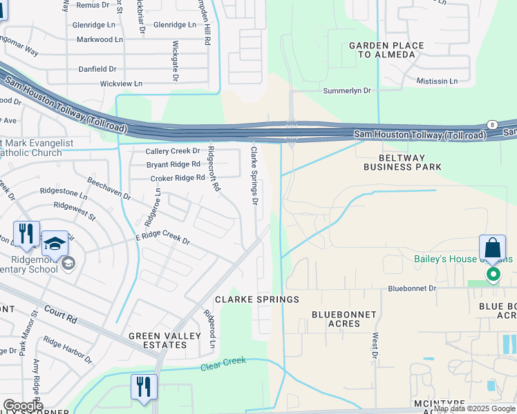 map of restaurants, bars, coffee shops, grocery stores, and more near 15850 Clarke Springs Drive in Houston