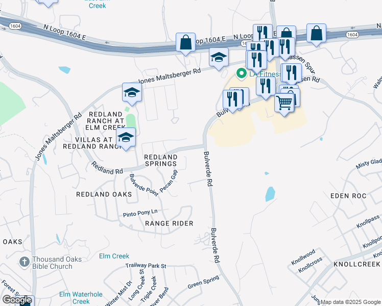 map of restaurants, bars, coffee shops, grocery stores, and more near 16414 Hillview Pass Drive in San Antonio