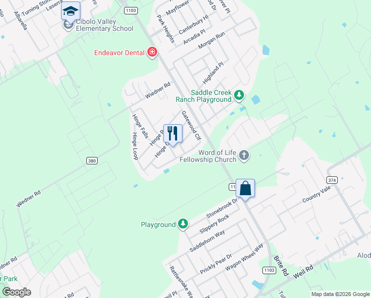 map of restaurants, bars, coffee shops, grocery stores, and more near 133 Gatewood Falls in Cibolo