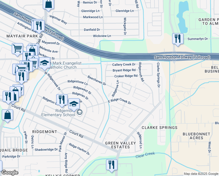map of restaurants, bars, coffee shops, grocery stores, and more near 4915 Beechaven Street in Houston