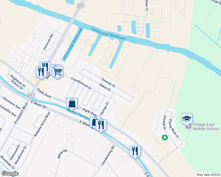 map of restaurants, bars, coffee shops, grocery stores, and more near 3643 Baker Drive in Houma
