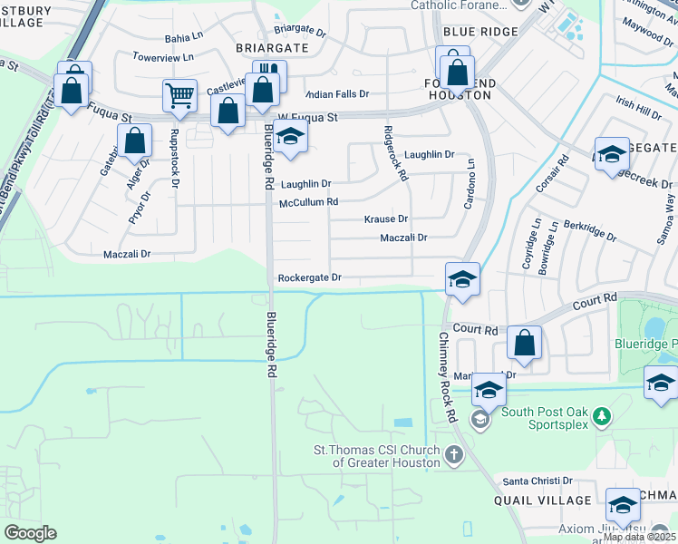 map of restaurants, bars, coffee shops, grocery stores, and more near 6918 Rockergate Drive in Missouri City
