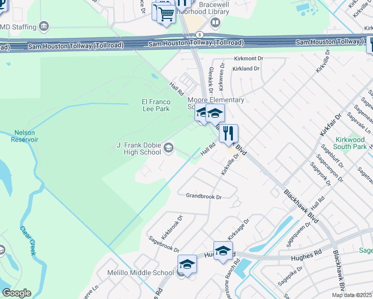 map of restaurants, bars, coffee shops, grocery stores, and more near 8880 Southbluff Boulevard in Pearland