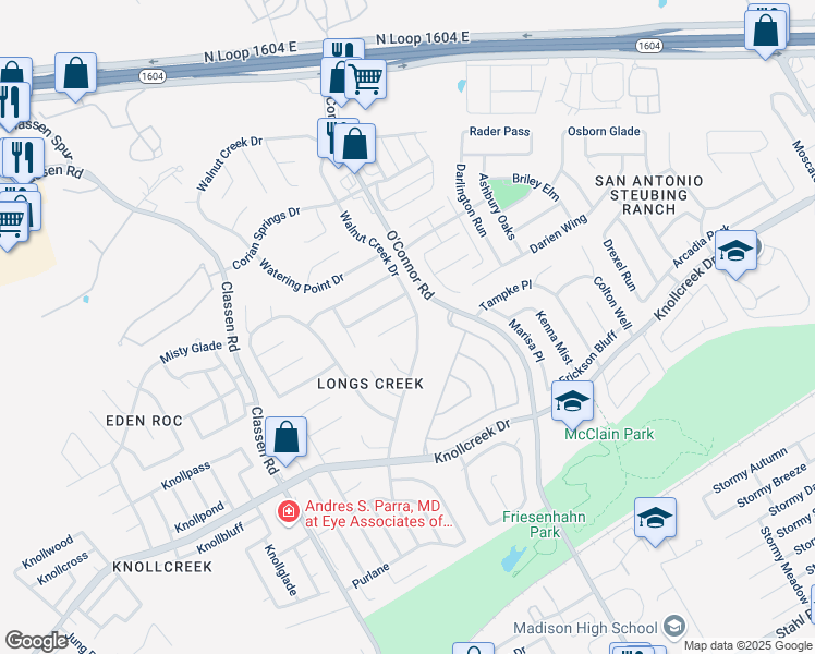 map of restaurants, bars, coffee shops, grocery stores, and more near 15847 Walnut Creek Drive in San Antonio