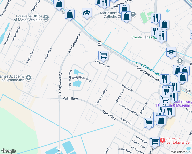 map of restaurants, bars, coffee shops, grocery stores, and more near 251 Inglewood Way in Houma