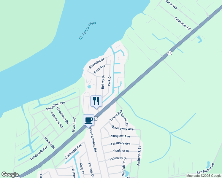 map of restaurants, bars, coffee shops, grocery stores, and more near 123 Park Drive in Satsuma
