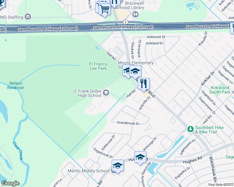 map of restaurants, bars, coffee shops, grocery stores, and more near 8719 Camber Brook Drive in Houston