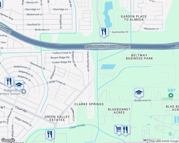 map of restaurants, bars, coffee shops, grocery stores, and more near 15850 Clarke Springs Drive in Houston