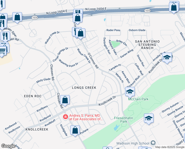 map of restaurants, bars, coffee shops, grocery stores, and more near 15847 Walnut Creek Drive in San Antonio