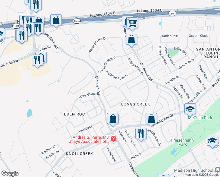 map of restaurants, bars, coffee shops, grocery stores, and more near 4711 Irish Elm in San Antonio