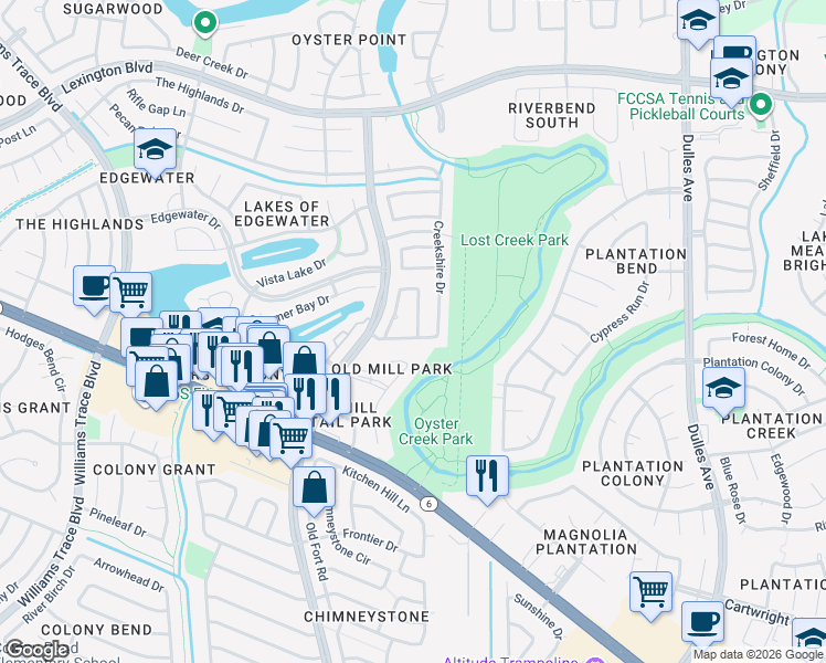 map of restaurants, bars, coffee shops, grocery stores, and more near 3523 Honey Creek Drive in Sugar Land