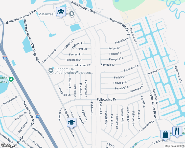 map of restaurants, bars, coffee shops, grocery stores, and more near 65 Flemingwood Lane in Palm Coast