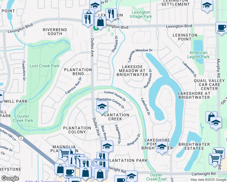 map of restaurants, bars, coffee shops, grocery stores, and more near 4631 Forest Home Drive in Missouri City