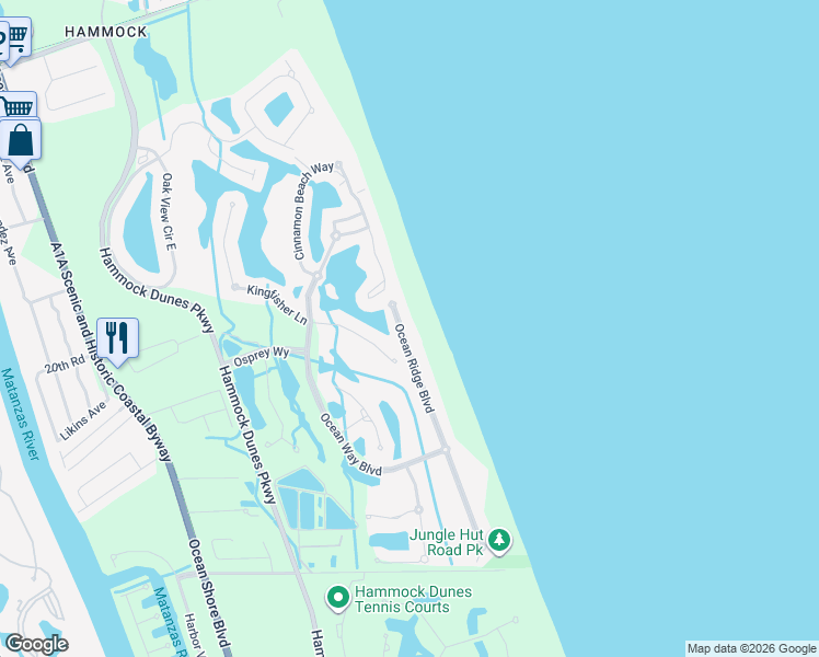 map of restaurants, bars, coffee shops, grocery stores, and more near 39 Sandpiper Lane in Palm Coast