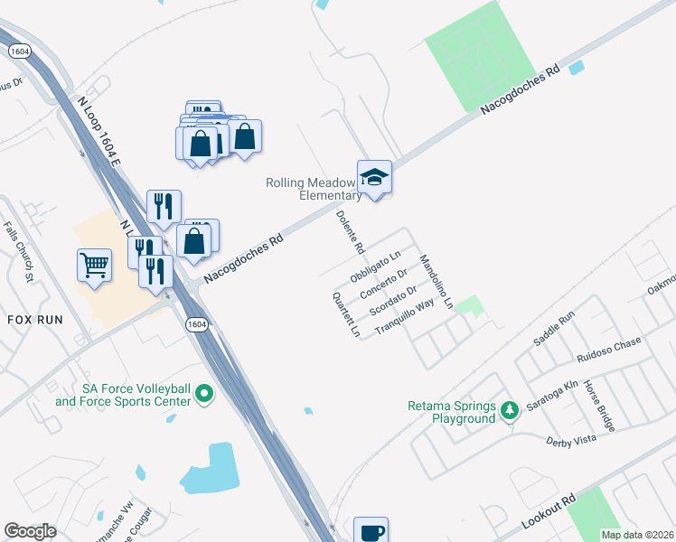 map of restaurants, bars, coffee shops, grocery stores, and more near 7311 Obbligato Lane in San Antonio